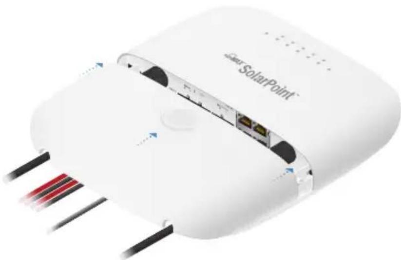 White wireless router labeled 'SolarPoint' with visible ports and cable connectors (no readable text beyond branding)
