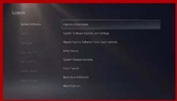 System System Software Console Information System Software Update and Settings Report System Software Error Automatically Enter History System Feature Updates Data Transfer Back Up and Restore Reset Open
