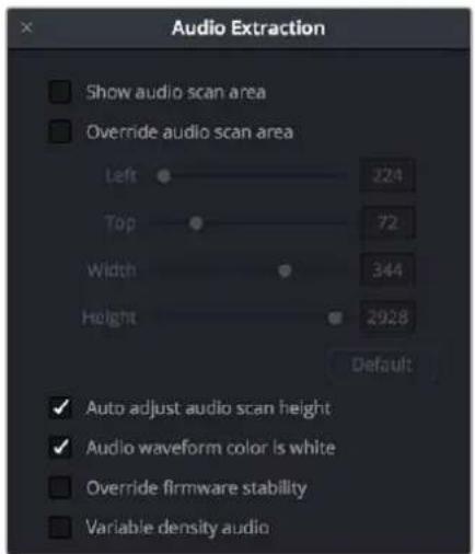 Audio Extraction Show audio scan area Override audio scan area Left 224 Top 72 Width 344 Height 2928 Default ✓ Auto adjust audio scan height ✓ Audio waveform color is white Override firmware stability Variable density audio