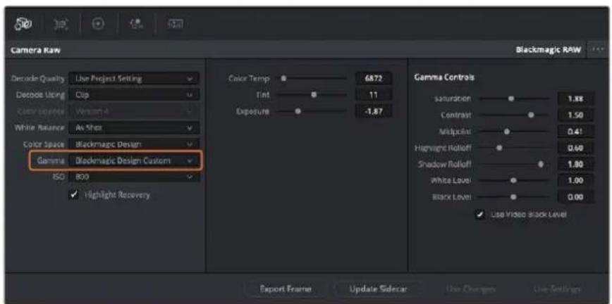 Camera Raw Blackmagic RAW Decide Quality Live Project Setting Decide Using Clip Color Spings Version 4 White Balance As Shot Color Space Blackmagic Design Gamma Blackmagic Design Custom ISO 800 Highlight Recovery Color Temp 6872 Font 11 Exposure -1.87 Gamma Controls saturation 1.88 Contrast 1.50 Midplane 0.41 Highlight Rolloff 0.60 Shadow Rolloff 1.80 White Level 1.00 Black Level 0.00 Use Video Block Level Export Frame Update Sidecar Use Changes Use Settings
