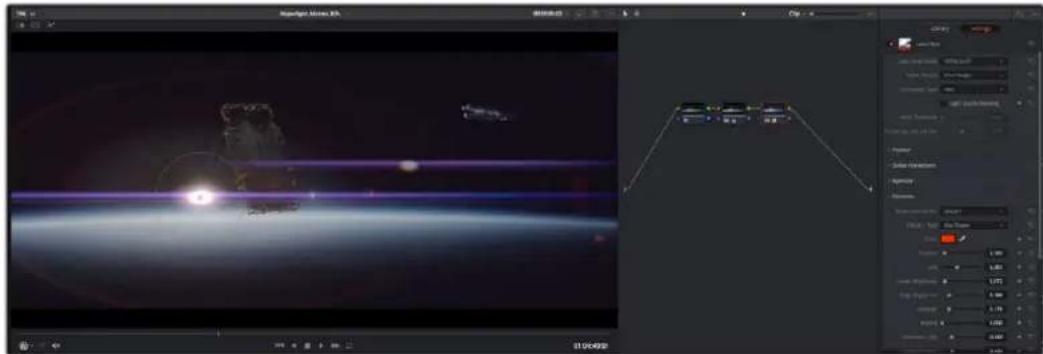 Screenshot of a video editing software interface showing a space-themed scene with light beams and a waveform graph.