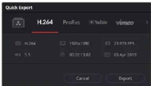Quick Export H.264 ProRes YouTube vimeo H.264 1920x1080 23.976 FPS 5.1 00:22:13:02 03 Apr 2019 Cancel Export