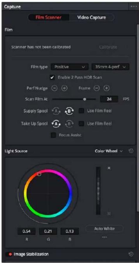 Capture Film Scanner Video Capture Film Scanner has not been calibrated Calibrate Film type Positive 35mm 4-perf Enable Z Pass HDR Scan Perf Nudge Frame Scan Film At 24 FPS Supply Spool A B Use Film Reel Take Up Spool A B Use Film Reel Focus Assist Light Source Color Wheel 0.54 0.21 0.13 Auto White R G B ... Image Stabilization