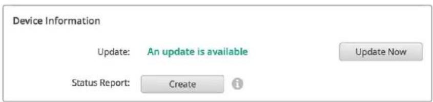 Device Information Update: An update is available Status Report: Create i Update Now