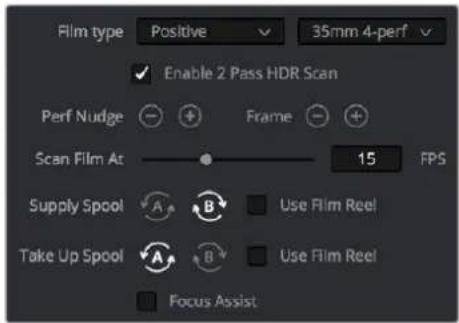 Film type Positive 35mm 4-perf Enable 2 Pass HDR Scan Perf Nudge Frame Scan Film At 15 FPS Supply Spool Use Film Reel Take Up Spool Use Film Reel Focus Assist