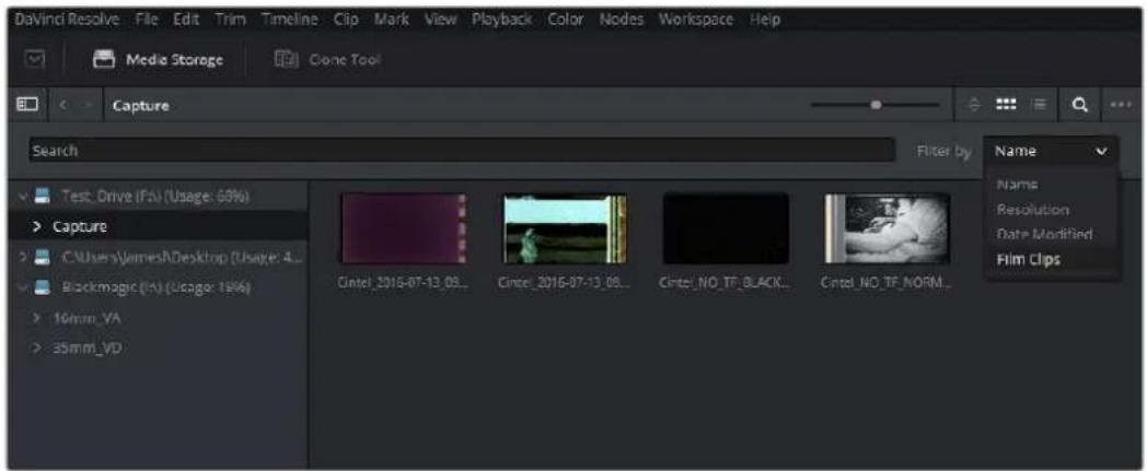 DaVindi Resolve File Edit Trim Timeline Clip Mark View Playback Color Nodes Workspace Help Media Storage Clone Tool Capture Search Filter by Test_Drive (FA) (Usage: 60%) Capture C:\Users\Warner\Desktop (Usage: 4_... Backmagic (FA) (Usage: 19%) 16mm_VA 35mm_VD Name Name Resolution Date Modified Film Clips