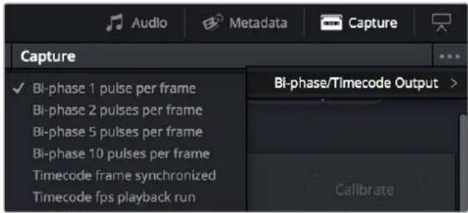 Audio Metadata Capture Capture ✓ Bi-phase 1 pulse per frame Bi-phase 2 pulses per frame Bi-phase 5 pulses per frame Bi-phase 10 pulses per frame Timecode frame synchronized Timecode fps playback run Bi-phase/Timecode Output > Calibrate
