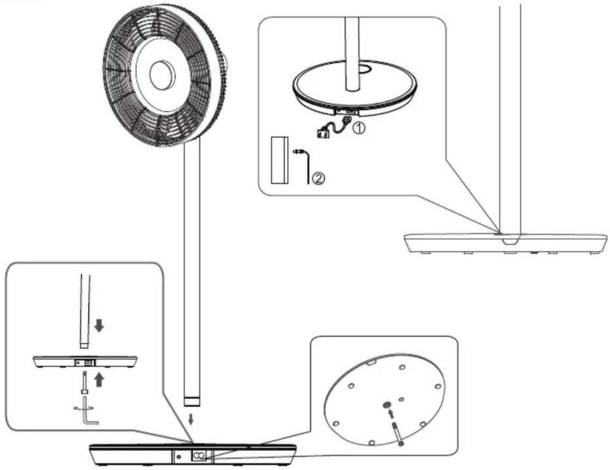 Technical diagram showing assembly steps of a fan-shaped device with labeled components and directional arrows indicating motion.