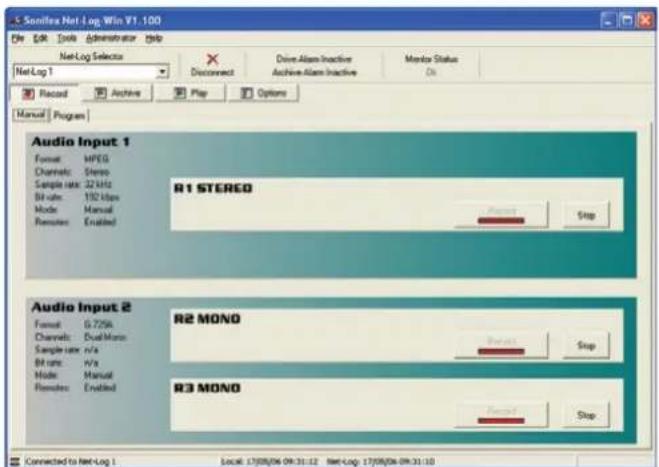 Saniflex Net Log Win V1.100 File Edit Tools Administrator Help Net-Log Selector Disconnect Drive Alarm Inactive Monitor Status Record Archive Play Options Manual Program Audio Input 1 Format: MPEG Channels: Stereo Sample rate: 32 kHz Bit rate: 192 Hz Mode: Manual Remates: Enabled R1 STEREO Stop Audio Input 2 Format: G725A Channels: Dual Motion Sample rate: n/a Bit rate: n/a Mode: Manual Remates: Enabled R2 MOND Stop R3 MOND Stop Connected to Net-Log 1 Local: 17/08/06 09:31:12 Net-Log: 17/08/06 09:31:10