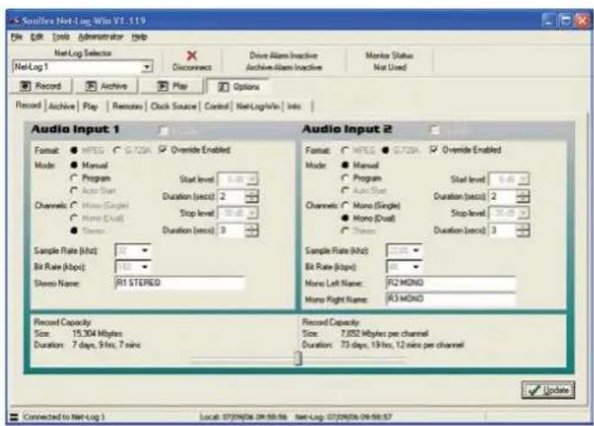 Saniflex Net Log Win V1.119 File Edit Tools Administrator Help Net Log Selectator Net Log 1 Record Archive Play Remote Click Source Control Net LogWin Info Record Archive Play Options Record Archive Play Remote Click Source Control Net LogWin Info Audio Input 1 Format: MPSS G720A Overide Enabled Mode: Manual Program Auto Start Duration (secs) 2 Channels: Mono Single Mono Dual Stop level 36.48 Stress Duration (secs) 3 Sample Rate (kHz) Bit Rate (kHz): 1.62 Stereo Name: R1 STEREO Audio Input 2 Format: MPSS G720A Overide Enabled Mode: Manual Program Auto Start Duration (secs) 2 Channels: Mono Single Mono Dual Stop level 36.48 Stress Duration (secs) 3 Sample Rate (kHz) Bit Rate (kHz): Mono Left Name: R12 MINDO Mono Right Name: R13 MINDO Record Capacity Size: 15,304 Mbytes Duration: 7 days, 9 hrs, 7 mins Record Capacity Size: 7,852 Mbytes per channel Duration: 73 days, 19 hrs, 12 mins per channel Update Connected to Net Log 1 Local: 07/09/06 09:58:58 Net Log: 07/09/06 09:58:57