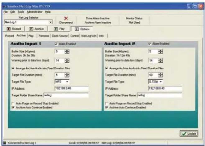 Semiflex Net Log Win V1.119 File Edit Tools Administrator Help Net-Log Selector Record Archive Play Remates Clock Source Control Net-Log/Win Info Audio Input 1 Buffer Size (Mbytes) Duration: 0h 3m 3fps Warning prior to data loss (days) Arrange Archive Audio into Fixed Duration Files Target File Duration (mins): 5 Target File Type: MP2 IP Address: 192.168.0.40 Target Folder Share Name: nellog Auto Pugs on Record Stop Enabled Archive Auto Continue Enabled Audio Input 2 Buffer Size (Mbytes) Duration: 3h 12m 4fps Warning prior to data loss (days) Arrange Archive Audio into Fixed Duration Files Target File Duration (mins) 60 Target File Type: 0.725A IP Address: 192.168.0.40 Target Folder Share Name: nellog Auto Pugs on Record Stop Enabled Archive Auto Continue Enabled Update Connected to Net-Log 1 Local: 07/09/06 09:58:47 Net-Log: 07/09/06 09:58:47