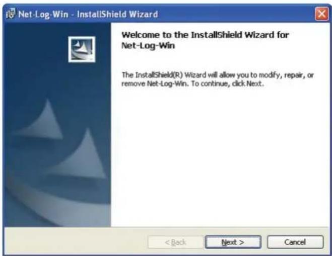 Net-Log-Win - InstallShield Wizard Welcome to the InstallShield Wizard for Net-Log-Win The InstallShield(R) Wizard will allow you to modify, repair, or remove Net-Log-Win. To continue, click Next. < Back Next > Cancel
