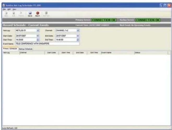 NetLog NetLog 01 Channel: CHANNEL 1-2 Start Date: 24/07/2007 End Date: 24/07/2007 Start Time: 14:00:00 End Time: 14:40:00 Event Name: TELE CONFERENCE WITH SINGAPORE Primary Schedule Backup Schedule Net Log Channel Start Date Start Time End Date End Time Event Name Status Auto-Rebeats 129