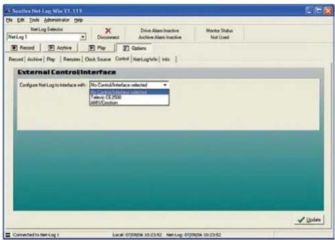 Sosiflex Net Log Win V1.119 File Edit Tools Administrator Help Net Log Selector X Disconnect Drive Alarm Inactive Archive Alarm Inactive Monitor Status Record Archive Play Remates Clock Source Control Net Log Win Info External Control Interface Configure Net Log to interface with: No Control/Interface selected No Control/Interface selected Televs CI 2500 Add/Condition Connect to Net Log 1 Local: 07/08/06 10:23:52 Net Log: 07/08/06 10:23:52