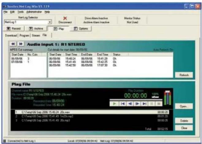 S. Sottler Net Log Win VT 1.19 File Edit Tools Administrator Help Net Log Selector Connect Drive Alarm Inactive Archive Alarm Inactive Monitor Status Not Used Record Archive Play Options Download | Program Stream File Audio Input 1: R1 STEREO MPES Cut summary Cut details for start date: 06/05/06 Audio Network Dis Start Date No. Cuts Start Date Start Time End Date End Time Status 06/05/06 3 06/05/06 15:40:24 06/05/06 15:41:29 Ok 07/05/06 1 06/05/06 15:41:49 06/05/06 15:42:25 Ok 06/05/06 15:42:50 06/05/06 17:07:30 Ok Relewh Play File Current Data R1 STEREO File name: C:\Temp\06 Sep 2006 15.40.24 20x min Duration: 00:00:20 Requested Data: 06/05/06 Requested Time: 15:40:24 Play Duration: 100% Open... C:\Temp\06 Sep 2006 15.40.24 20x min C:\Temp\06 Sep 2006 15.41.49 1m25.mp2 C:\Temp\06 Sep 2006 15.41.49 25.mp3 00:00:20 Delete Close Total 00:02:15 Connected to Net Log 1 Local: 07/08/06 09:54:42 Net Log: 07/08/06 09:54:42