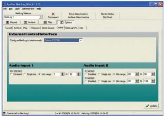 5. Sonifex Net Log, Win V1.119 File Edit Tools Administrator Help Net-Log Selector Record Archive Play Options Drive Alarm Inactive Archive Alarm Inactive Monitor Status Not Used External Control/Interface Configure Net Log to interface with: Tissue (2750) Audio Input 1 R1 STERED Disabled Single mic Mic range 1 to 32 Audio Input 2 R2 MONO Disabled Single mic Mic range 65 to 96 R2 MONO Disabled Single mic Mic range 97 to 128 Connected to Net-Log 1 Local: 07/09/06 10:24:32 Net-Log: 07/09/06 10:24:32