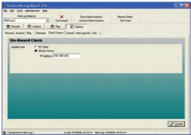 Siemens Net Log Win V1.119 File Edit Tools Administrator Help Net-Log Selector X Connect Drive Alarm Inactive Archive Alarm Inactive Monitor Status Not Used Record Archive Play Options Record Archive Play Remote Clock Source Control Net-LogWin Info On-Board Clock Update from: ○ PC Clock ● Monitor Series IP Address: 192.168.0.40 Connect to Net-Log 1 Local: 07/09/06 10:23:14 Net Log: 07/09/06 10:23:14
