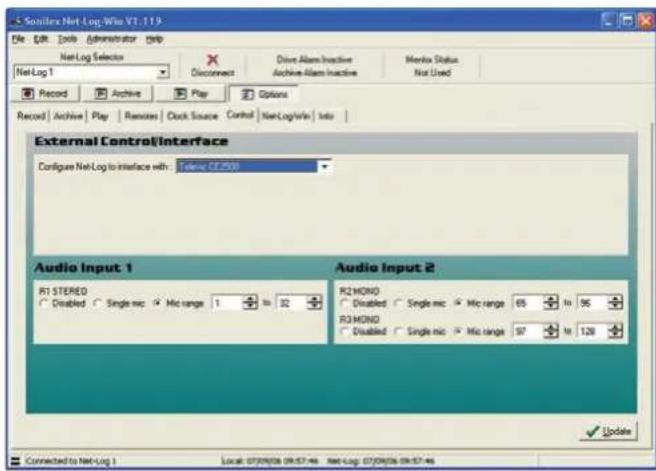 Sanillex Net Log Win V1.113 File Edit Tools Administrator Help NetLog Selector NetLog 1 Record Archive Play Options Record Archive Play Remote Clock Source Control NetLogWin Info External Control/Interface Configure NetLog to interface with: Telenic CFZ5008 Audio Input 1 R1 STEREO Disabled Single mix Mic range 1 to 32 Audio Input 2 R2 MONO Disabled Single mix Mic range 65 to 96 R3 MONO Disabled Single mix Mic range 97 to 128 Connected to NetLog 1 Local: 07/09/06 09:57:46 Net Log: 07/09/06 09:57:46