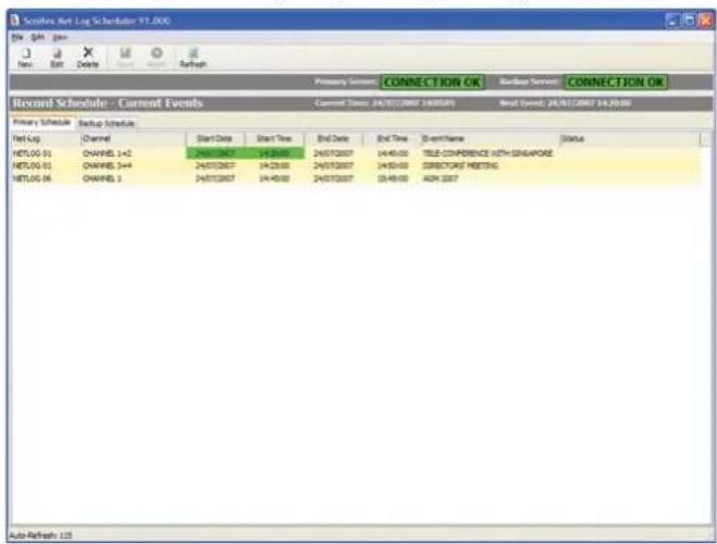 Scripts Net Log Scheduler 97.000 New Edit New Primary Session CONNECTION OK Backup Service# CONNECTION OR Record Schedule - Current Events Current Status: 24/15/2007 14:00:00 Next Event: JULIO/2007 14:30:00 Primary Schedule Backup Schedule Net Log Channel Start Date Start Time End Date End Time Event Name Status NETLOG 01 CHANNELS 1+2 24/15/2007 14:30:00 24/15/2007 14:40:00 TELE-CONFERENCE WITH SINGAPORE NETLOG 01 CHANNELS 2+4 24/15/2007 14:30:00 24/15/2007 14:50:00 DIRECTORF MEETING NETLOG 06 CHANNELS 1 24/15/2007 14:40:00 24/15/2007 15:40:00 ADMIN 2007 Auto-Refresh: 115