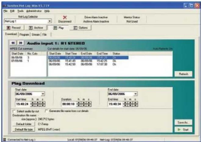 Senskex Net Log Win V1.119 File Edit Tools Administrator Help Net Log Selector Disconnect Drive Alarm Inactive Archive Alarm Inactive Monitor Status Not Used Record Archive Play Options Download Program Stream File Audio input 1: R1 STERED MPEG Cut summary Cut details for start date: 06/09/06 Auto Networks (Un) Start Date No. Cells Start Date Start Time End Date End Time Status 06/09/06 3 06/09/06 15:42:34 06/09/06 15:41:29 On 07/09/06 1 06/09/06 15:41:43 06/09/06 15:42:25 On 06/09/06 15:42:50 06/09/06 17:07:30 On Refresh Play Download Start date 06/09/2006 Start time h m s Duration h m s End date 15:40:24 00:00:10 15:40:34 Select audio by cut Generate file name from cut details Destination file name: size (approx.) 240.712 bytes Default folder C:\Temp Default file type MPEG BWF (laser) Save As... ► Start Connected to Net-Log 1 Local: 07/09/06 09:48:37 Net-Log: 07/09/06 09:48:37