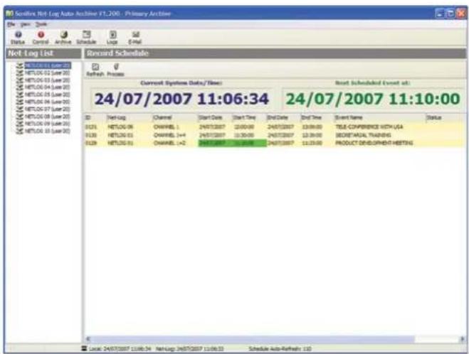 Soffex Net Log Auto Archive 11:206 - Primary Archive File Edit View Status Control Archive Schedule Logo Email Net Log List Record Schedule NETLOG 01 (Late 20) NETLOG 02 (Late 20) NETLOG 03 (Late 20) NETLOG 04 (Late 20) NETLOG 05 (Late 20) NETLOG 06 (Late 20) NETLOG 07 (Late 20) NETLOG 08 (Late 20) NETLOG 09 (Late 20) NETLOG 10 (Late 20) Current Systems Date/Time 24/07/2007 11:06:34 24/07/2007 11:10:00 ID Net Log Channel Start Date Start Time End Date End Time Event Name Status 0121 NETLOG 08 CHANNEL 1 24/07/2007 12:00:00 24/07/2007 13:00:00 TELE-CONFERENCE WITH USA 0126 NETLOG 01 CHANNEL 1=4 24/07/2007 11:30:00 24/07/2007 12:30:00 SECRET-AGUAL TRAINING 0129 NETLOG 01 CHANNEL 1=2 24/07/2007 11:30:00 24/07/2007 11:35:00 PRODUCT DEVELOPMENT MEETING Local: 24/07/2007 11:36:34 NetLog: 24/07/2007 11:36:33 Schedule Auto-Refeeds 1.0