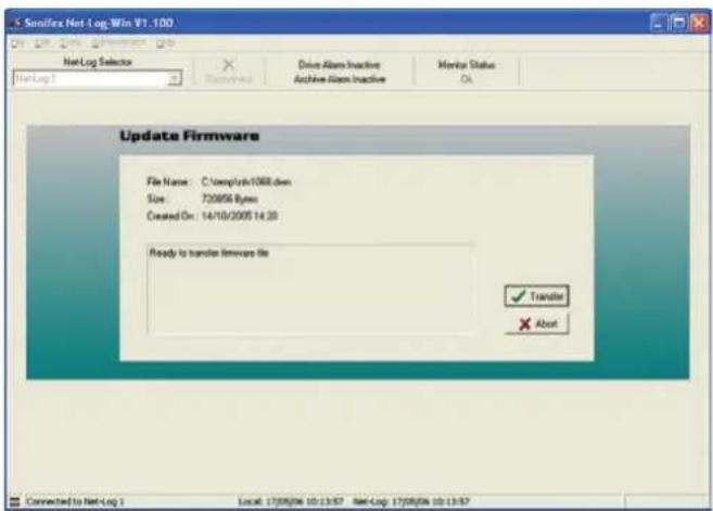 Saniflex Net Log Win V1.100 NetLog Selector Drive Alarm Inactive Archive Alarm Inactive Monitor Status OK Update Firmware File Name: C:\template\1068.dsn Size: 720958 Bytes Created On: 14/10/2005 14:20 Ready to transfer firmware file ✓ Transfer ✗ Abort Connected to NetLog 1 Local: 17/09/06 10:13:57 - NetLog: 17/09/06 10:13:57