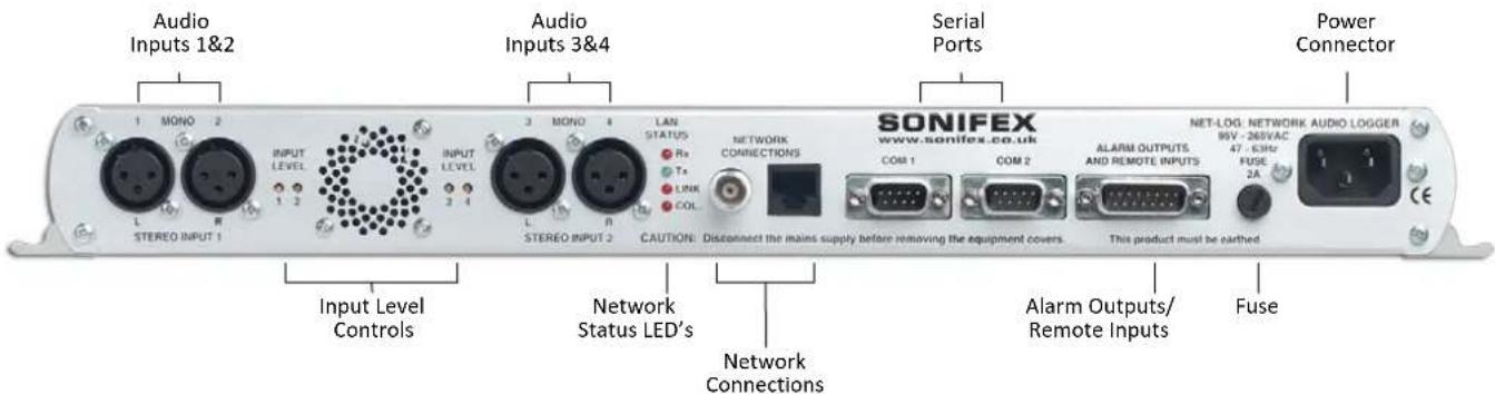 Audio Inputs 1&2 Audio Inputs 3&4 Serial Ports Power Connector 1 MONO 2 INPUT LEVEL 1 2 INPUT LEVEL 2 4 STEREO INPUT 1 3 MONO 4 LAN STATUS Ra Tx LINK COL STEREO INPUT 2 NETWORK CONNECTIONS CONOM 1 COM 2 NETWORK Connections DISCONNECT THE MAINS SUPPLY BEFORE REMOVING THE EQUIPMENT COVERS. This product must be earthed SONIFEX www.sonifex.co.uk NET-LOG: NETWORK AUDIO LOGGER 95V - 268VAC 47 - 63Hz FUSE 2A Network Status LED's Network Connections Alarm Outputs/ Remote Inputs CE