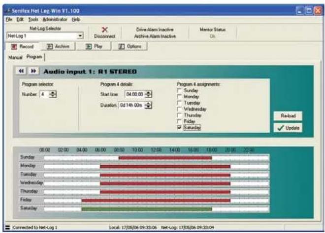 Semiflex Net Log Win V1.100 File Edit Tools Administrator Help Net Log Selector Record Archive Play Options Drive Alarm Inactive Archive Alarm Inactive Monitor Status On Manual Program Audio input 1: R1 STEREO Program selector Number: 4 Program 4 details: Start line: 04:00:00 Duration: 0d 14h 00m Program 4 assignments: Sunday Monday Tuesday Wednesday Thursday Friday Saturday Reload Update Sunday Monday Tuesday Wednesday Thursday Friday Saturday Connected to Net-Log 1 Local: 17/05/06 09:33:06 Net-Log: 17/05/06 09:33:04