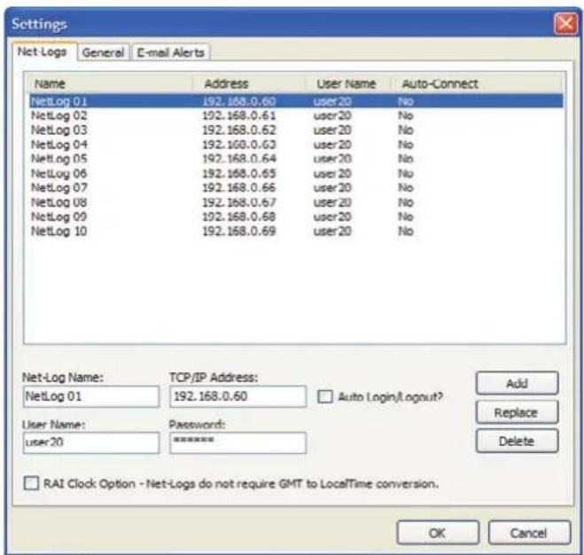 Settings Net Logs General E-mail Alerts Name Address User Name Auto-Connect NetLog 0.1 192.168.0.60 Taiwan user20 No NetLog 02 192.168.0.61 Taiwan user20 No NetLog 03 192.168.0.62 Taiwan user20 No NetLog 04 192.168.0.63 Taiwan user20 No NetLog 05 192.168.0.64 Taiwan user20 No NetLog 06 192.168.0.65 Taiwan user20 No NetLog 07 192.168.0.66 Taiwan user20 No NetLog 08 192.168.0.67 Taiwan user20 No NetLog 09 192.168.0.68 Taiwan user20 No NetLog 10 192.168.0.69 Taiwan user20 No Net-Log Name: TCP/IP Address: NetLog 01 192.168.0.60 Auto Login\Logout? User Name:Password: user20****** Add Replace Delete □ RAI Clock Option - Net-Logs do not require GMT to LocalTime conversion. OK Cancel