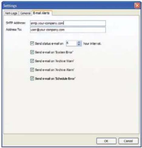 Settings Net Logs | General | E-mail Alerts SMTP Address: smtp.your-company.com Address To: user@your-company.com Send status e-mail on 6 hour Interval. Send e-mail on 'System Error' Send e-mail on 'Archive Warn' Send e-mail on 'Archive Alarm' Send e-mail on 'Schedule Error' OK Cancel