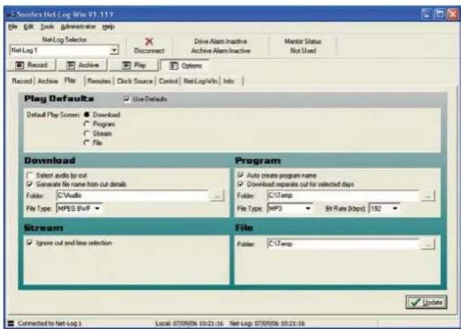 Sanitex Net Log Win V1.119 File Edit Tools Administration Help NetLog Selector X Connect Drive Alarm Inactive Archive Alarm Inactive Mentor Status Not Used Record Archive Play Options Record Archive Play Remote Click Source Control NetLogWin Info Play Defaults Use Defaults Default Play Screen: Download Program Stream File Download Program Select audio by out Generate file name from out details Folder: C:\Audio File Type: MPEG 8VIF Program Auto create program name Download repeats out for selected days Folder: C:\Temp File Type: MP3 Sh Rate (Mbps) 152 Stream File Ignore out end line selection Folder: C:\Temp Connected to Net-Log 1 Local: 07/06/06 10:21:16 Net-Log: 07/06/06 10:21:16