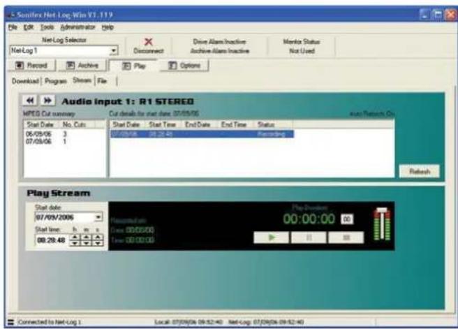 Saniflex Net Log Win Y1.119 File Edit Tools Administrator Help Net Log Selector NetLog 1 Disconnect Drive Alarm Inactive Archive Alarm Inactive Monitor Status Not Used Record Archive Play Options Download Program Stream File Audio input 1: R1 STEREO MPG Cut summary Cut details for shot date: 07/05/06 auto network Ch Start Date No. Cuts Start Date Start Time End Date End Time Status 06/05/06 3 07/05/06 08/28/40 Recording 07/05/06 1 Rebech Play Stream Start date 07/09/2006 Start time h m s 08:28:40 Play duration 00:00:00 00 View: 00:00:00 Time: 00:02:00 Connected to Net-Log 1 Local: 07/09/06 09:52:40 Net-Log: 07/09/06 09:52:40