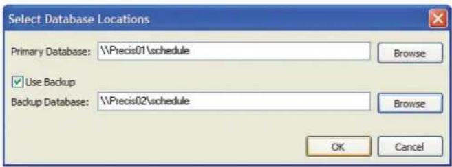 Select Database Locations Primary Database: \Precis01\schedule Use Backup Backup Database: \Precis02\schedule Browse Browse OK Cancel