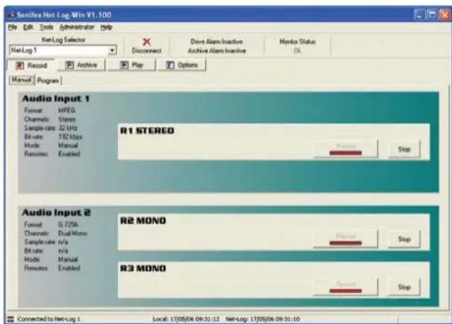 Sonillex Net-Log Win V1.100 File Edit Tools Administrator Help Net-Log Selector X Connect Drive Alarm Inactive Archive Alarm Inactive Monitor Status Record Archive Play Options Manual Program Audio Input 1 Format MPEG Channel Stereo Sample rate: 32 kHz Bit rate: 192 kHz Mode: Manual Reserves Enabled R1 STEREO Stop Audio Input 2 Format 6.725k Channel Dual Mono Sample rate: n/a Bit rate: n/a Mode: Manual Reserves Enabled R2 MONO Stop R3 MONO Stop Connected to Net-Log 1 Local: 17/05/06 09:31:12 Net-Log: 17/05/06 09:31:10