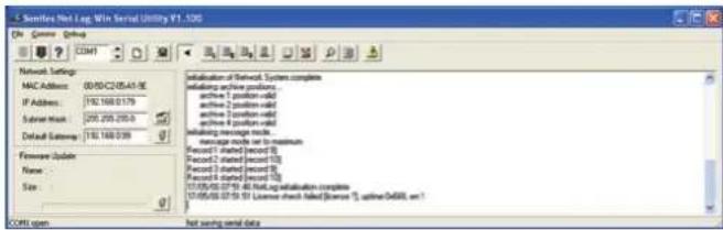 Simulator Net Log Wire Serial Utility V1.500 File Edit View Help Network Settings MAC Address: 00/08/C2/05/41 SE IP Address: 192.168.0179 Submit Host: 293.293.2953 Default Subgroup: 192.168.038 Information of Network System complete including archive projects... archive 1 portion valid archive 2 portion valid archive 3 portion valid archive 4 portion valid including message node message node set to minimum Record 1 shared record 10 Record 2 shared record 10 Record 3 shared record 10 Record 4 shared record 10 10/08/08/27:51:40 final-up installation complete 10/08/08/27:51 License check linked [License 3], spine DeB8, on 1 COSI open Not using serial data