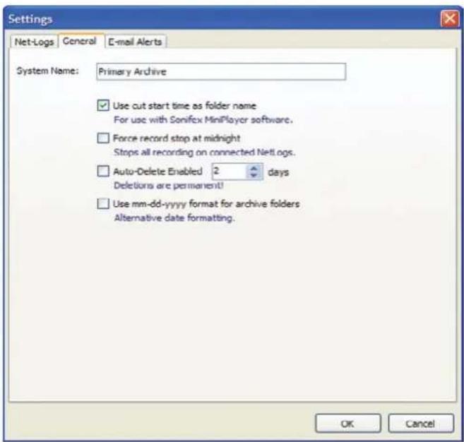 Settings Net-Logs General E-mail Alerts System Name: Primary Archive Use cut start time as folder name For use with Sonifex MiniPlayer software. Force record stop at midnight Stops all recording on connected Net-logs. Auto-Delete Enabled 2 days Deletions are permanent! Use mm-dd-yyyy format for archive folders Alternative date formatting. OK Cancel
