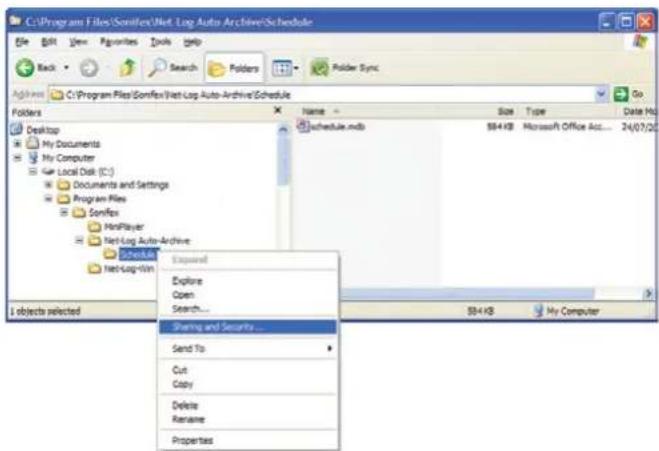 C:\Program Files\Somifex\Cnet\Log Auto Archive\Schedule File Edit View Favorites Tools Help Back Search Folders Folder Sync C:\Program Files\Somifex\Net Log Auto Archive\Schedule Go Folders Desktop My Documents My Computer Local Disk (C:) Documents and Settings Program Files Sonifex MinPlayer NetLog Auto-Archive Schedule NetLog-100 L objects selected Name schedule.mdb Size Type Date No $84 KB Microsoft Office Acc.... 24/07/20 Expanded Explore Open Search... Sharing and Security... Send To Cut Copy Delete Rename Properties $84 KB My Computer