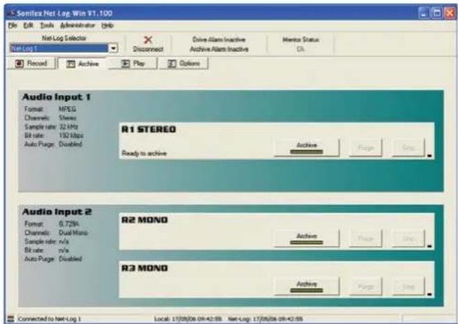 Somlex Net Log Win VT.100 File Edit Tools Administrator Help Net Log Selector X Connect Drive Alarm Inactive Archive Alarm Inactive Monitor Status CI. Record Archive Play Options Audio Input 1 Format MPEG Channels Stereo Sample rate 32 Hz Bit rate 152 kHz Auto Page Disabled R1 STEREO Ready to archive Archive Page Stop Audio Input 2 Format 0.72% Channels Dual Mono Sample rate n/a Bit rate n/a Auto Page Disabled R2 MOND Archive Page Stop R3 MOND Archive Page Stop Connected to Net Log 1 Local: 17/08/06 09:42:55 Net Log: 17/08/06 09:42:55