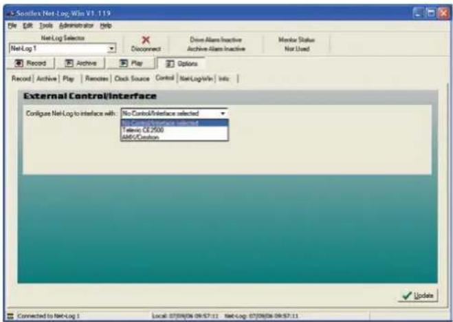 Saniflex Net Log,Win V1.119 File Edit Tools Administrator Help Net Log Selector Net Log T Record Archive Play Remote Clock Source Control NetLogWin Info External Control/Interface Configure Net Log to interface with: No Control/Interface selected No Control/Interface selected Televio CE2500 dAB/Condition Update Connected to Net Log 1 Local: 07/08/06 09:57:12 Net Log: 07/08/06 09:57:13