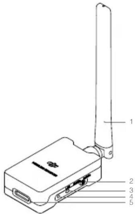Diagram of a wireless device with labeled components including a 16-pin connector and five ports