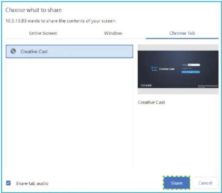 Choose what to share 10.5.13.83 wants to share the contents of your screen. Entire Screen Window Chrome Tab Creative Cast Creative Cast Creative Cast Share tab audio Share Cancel