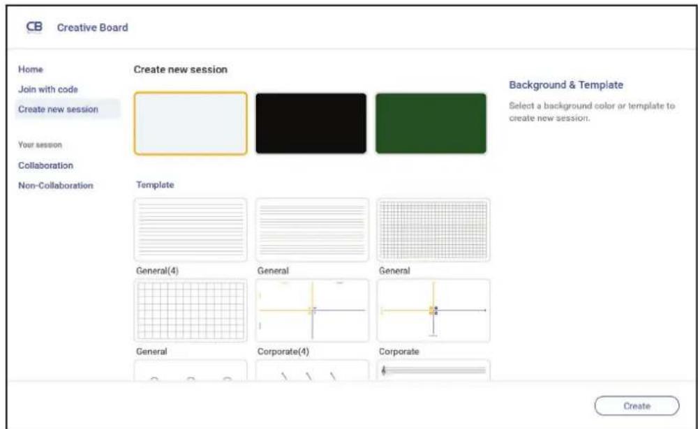 Creative Board Home Create new session Join with code Create new session Your session Collaboration Non-Collaboration Template Background & Template Select a background color or template to create new session. General(4) General General General Corporate(4) Corporate Create