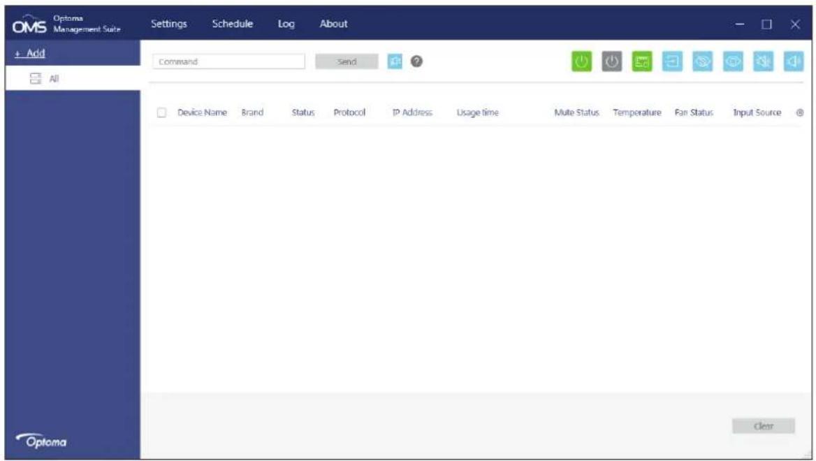 OMS Options Management Suite Settings Schedule Log About + Add Command Send All Device Name Brand Status Protocol IP Address Usage time Multi Status Temperature Fan Status Input Source @ Optoma Clear
