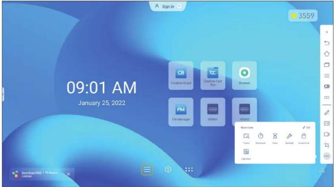 09:01 AM January 25, 2022 Creative Board Creative Cast Pro Browser File Manager HDMI HDMI2 More tools Ctrl Showcard Timer Locklight Smart Lock Calculator