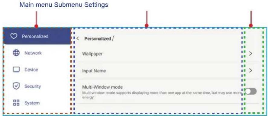 Main menu Submenu Settings Personalized Network Device Security System < Personalized / Wallpaper Input Name Multi-Window mode Multi-window mode supports displaying more than one app at the same time, but may use more energy