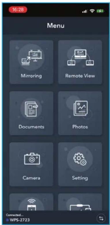 16:28 Menu Mirroring Remote View Documents Photos Camera Setting Connected... WPS-2723