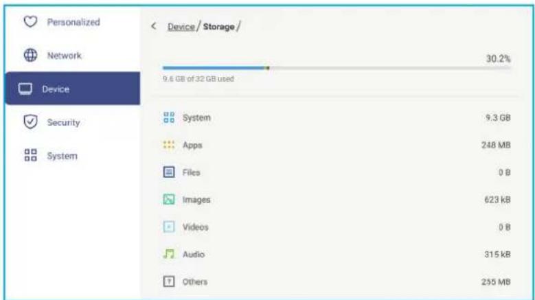 Personalized Network Device Security System Device / Storage / 30.2% 9.6 GB of 32 GB used System 9.3 GB Apps 248 MB Files 0 B Images 623 kB Videos 0 B Audio 315 kB Others 255 MB