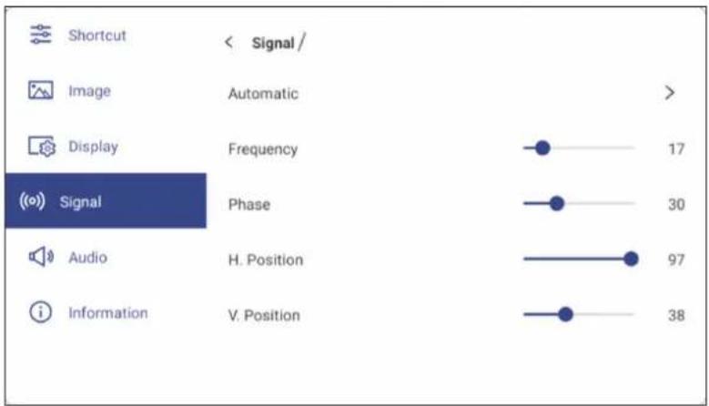 Shortcut Image Display Signal Information < Signal / Automatic Frequency Phase H. Position V. Position 17 30 97 38