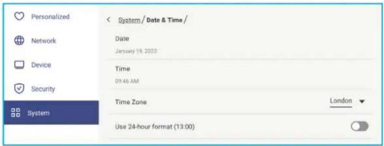 Personalized Network Device Security System < System / Date & Time / Date January 19, 2022 Time 09:46 AM Time Zone London Use 24-hour format (13:00)