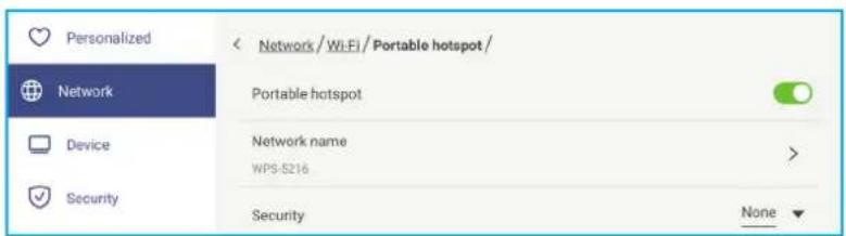 Personalized Network Device Security < Network / Wi-Fi / Portable hotspot / Portable hotspot Network name WP5-S216 Security None